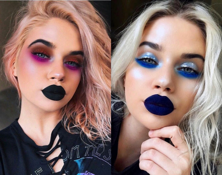 Maquillaje creativo para ojos; sombras de colores vivos en el párpado bajo; azul y rosa con labios negros