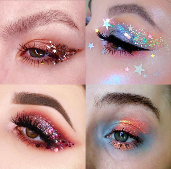 Maquillaje creativo para ojos; sombra con glitter