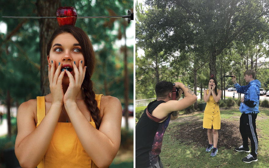 Mujer con manzana en la cabeza