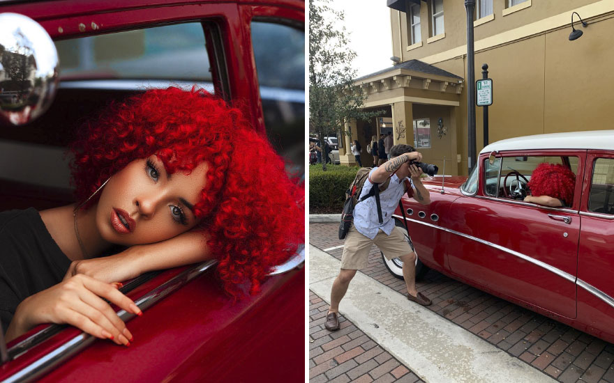 Mujer pelirroja en carro rojo