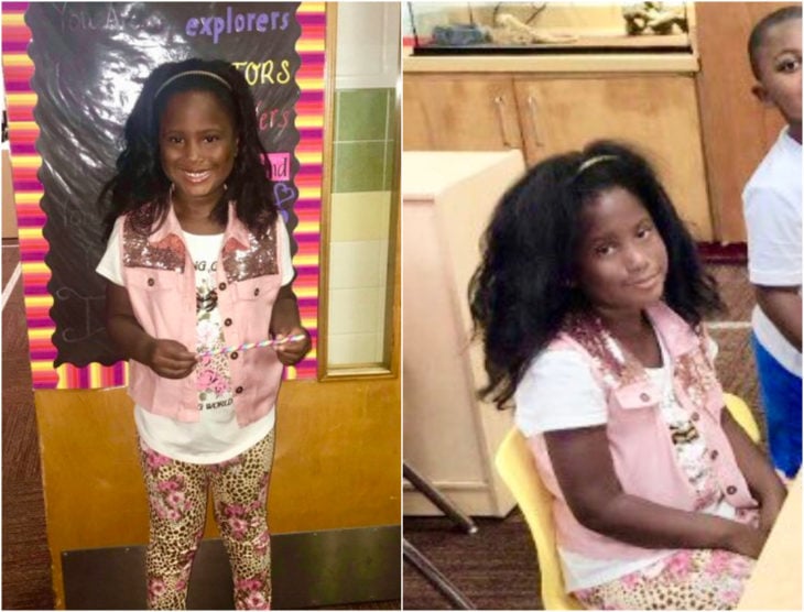 Niña con chaleco rosa palo, siendo fotografiada antes y después de su primer día de clases
