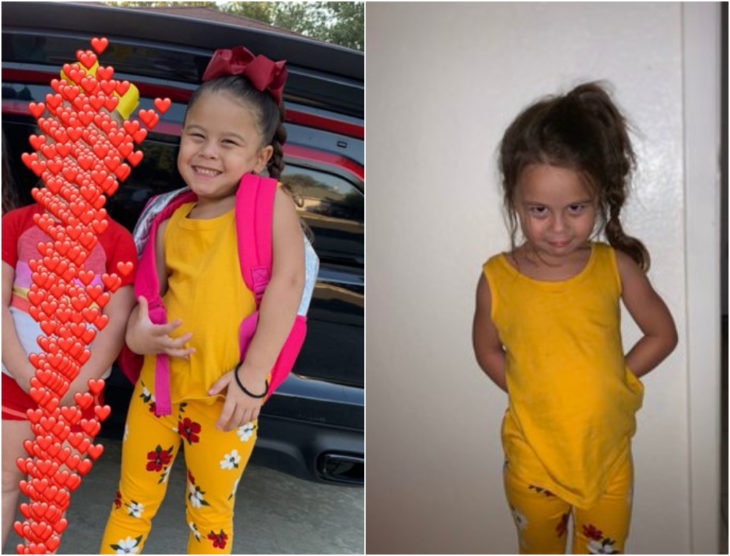 Nila con traje en amarillo, pantalón con flores rojas, sonriendo, siendo fotografiada antes y después de su primer día de clases