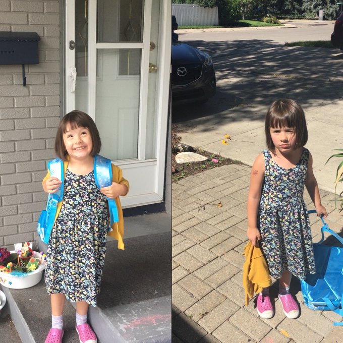 Niña con vestido de puntos de colores, mochila azul aqua, sonriendo, siendo fotografiada antes y después de su primer día de clases