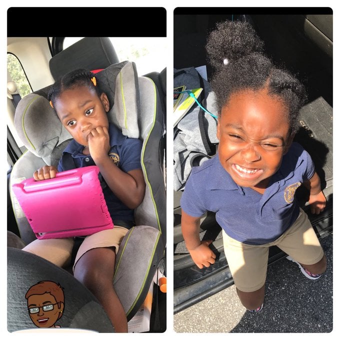 Niña sentada dentro de un automóvil, siendo fotografiada antes y después de su primer día de clases 