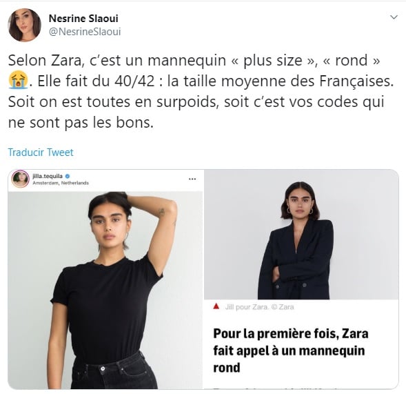Tuit de una periodista francesa en el que cuestiona que Jill Kortleve sea talla grande