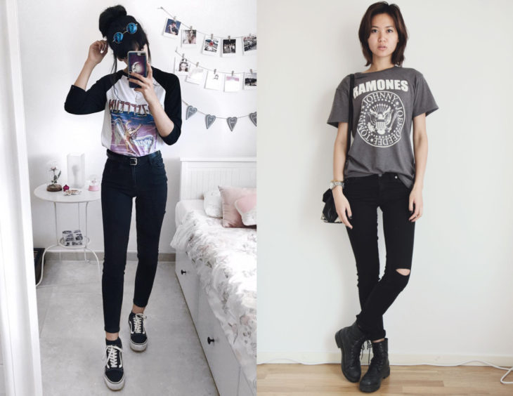 Atuendos con camisas rockeras; chicas con blusas de Led Zeppelin y Ramones, y pantalones entubados negros