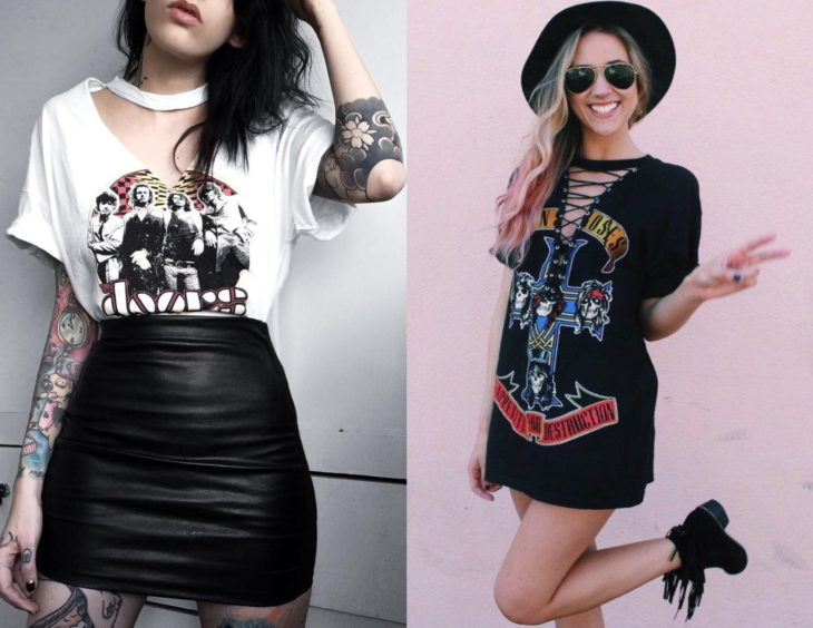 Atuendos con camisas de bandas de rock; blusas rockeras modificadas