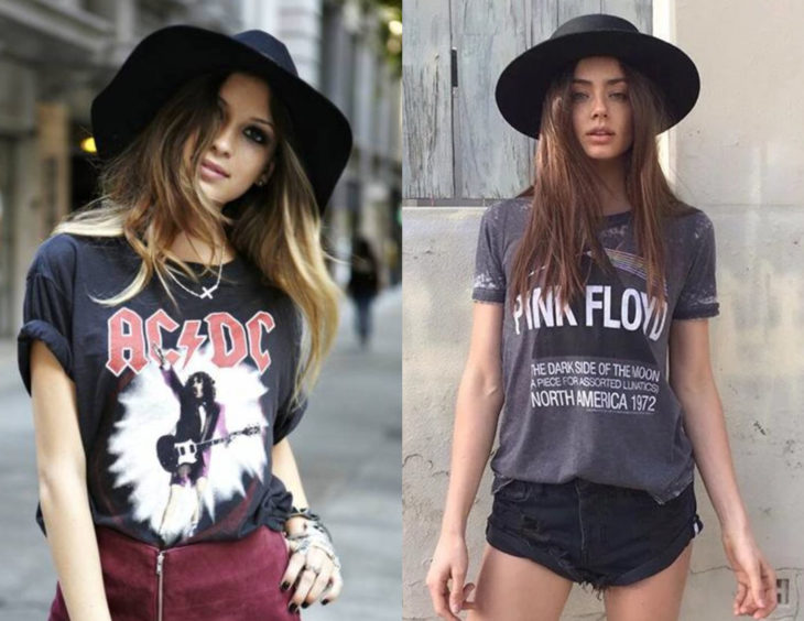 Atuendos con camisas de bandas de rock; chicas con blusas rockeras de ZC/DC y Pink Floyd con sombreros