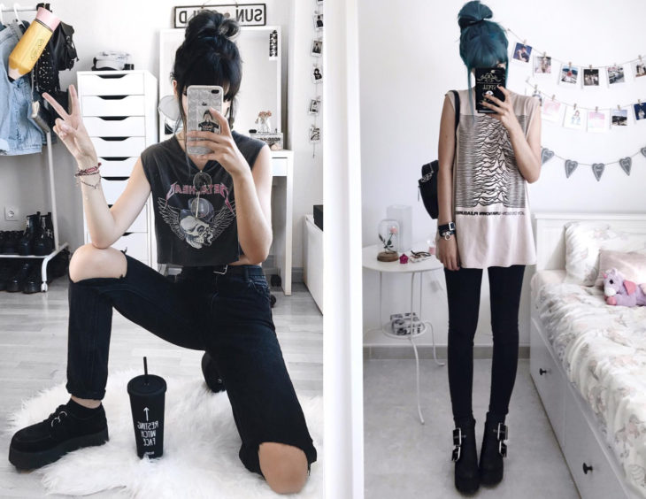 Atuendos con camisas de bandas de rock; chica de cabello azul y negro con blusas de Metalhead y Joy Division 