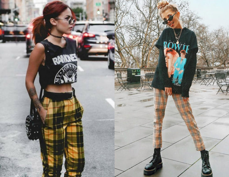 Atuendos con camisas de bandas de rock; chicas con pantalones amarillos escoceses y blusas de Ramones y David Bowie 