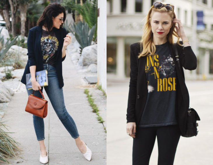 Atuendos con camisas de bandas de rock con saco; chicas con camisas de Guns and roses