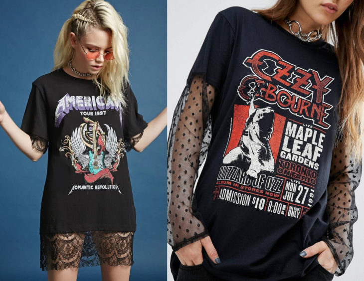 Atuendos con camisas de bandas de rock con encaje; chicas con blusas de Metallica y Ozzy Osbourne