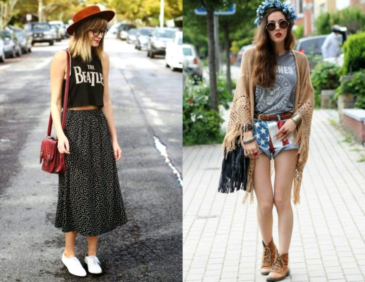 Atuendos con camisas de bandas de rock para festival de música; chicas con blusas de The beatles y Ramones