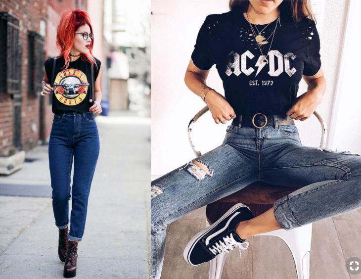 Atuendos con camisas de bandas de rock; chica pelirroja con blusa de Guns and roses y AC/DC con jeans