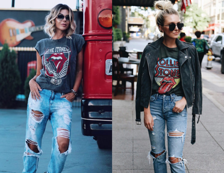 Atuendos con camisas de bandas de rock; chicas rubias con blusas de The rolling stones y pantalones de mezclilla desgastados