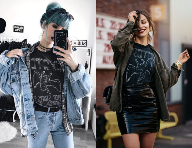 Atuendos con camisas de bandas de rock; chica de cabello azul con fleco y blusa de Led Zeppelin, chamarra de mezclila y falda de vinipiel