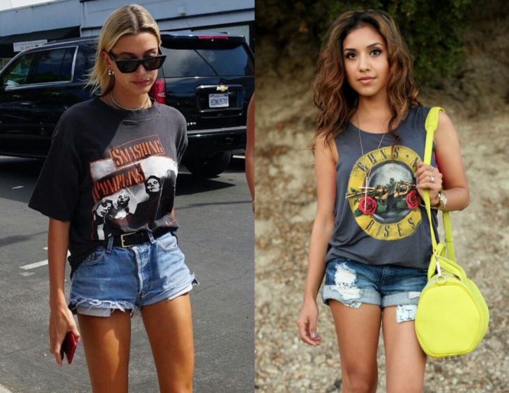 Atuendos con camisas de bandas de rock; Hailey Baldwin con blusa de Smashing Pumpkins y short; mujer castaña con prenda de Guns and roses y bolsa amarilla