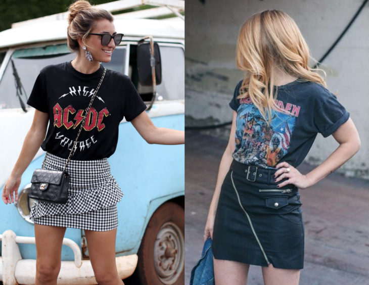 Atuendos con camisas de bandas de rock; mujeres rubias con blusas de Iron Maiden y AC/DC, con falda de cuadros y de cuero