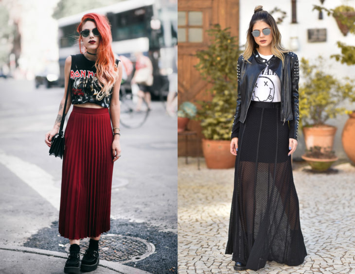 Atuendos con camisas de bandas de rock; chica pelirroja con blusa de Iron Maiden, falda roja, larga tableada y zapatos creepers de plataforma; mujer con prenda de nirvana, falda corta con gasa y chamarra de piel con estoperoles