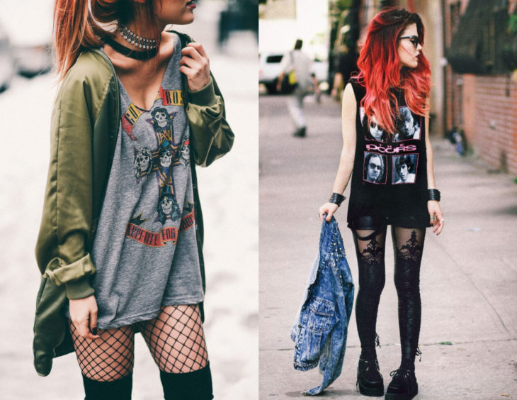 Atuendos con camisas de bandas de rock; chica de cabello rojo con blusas de Guns and roses y The doors como vestidos y con medias