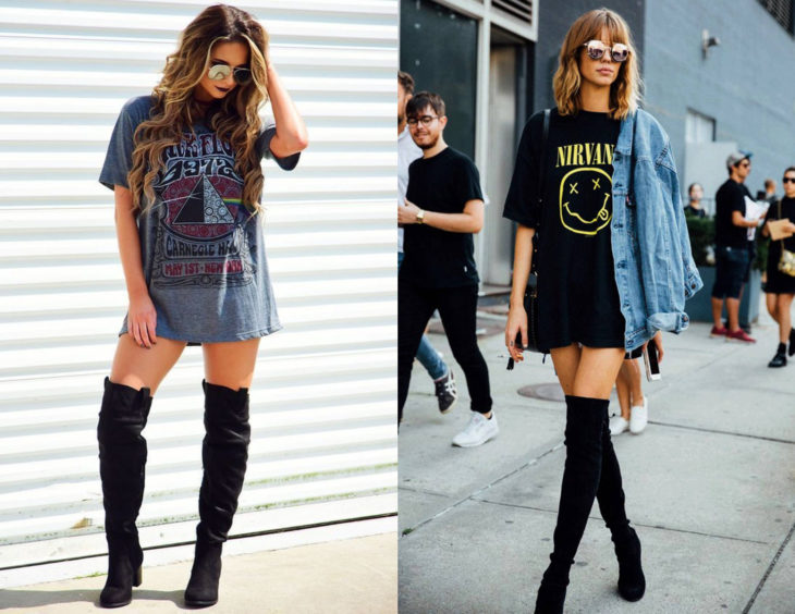 Atuendos con camisas de bandas de rock como vestido; chicas rubias con blusas de Nirvana y Pink Floyd, con botas negras largas