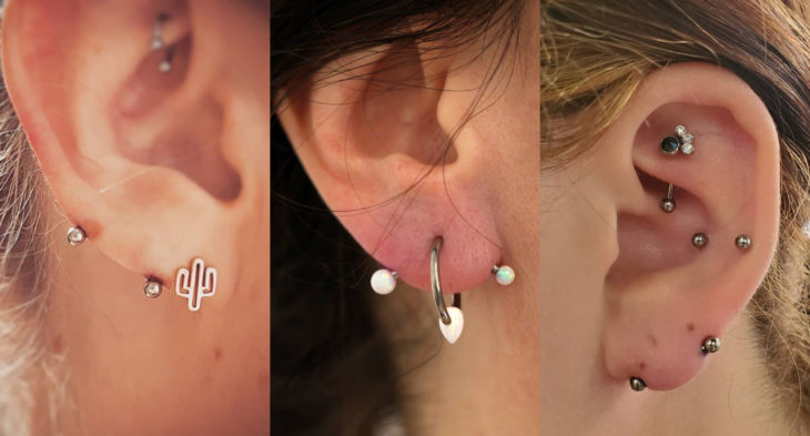 Piercings o perforaciones femeninas en la oreja; lóbulo transverso 