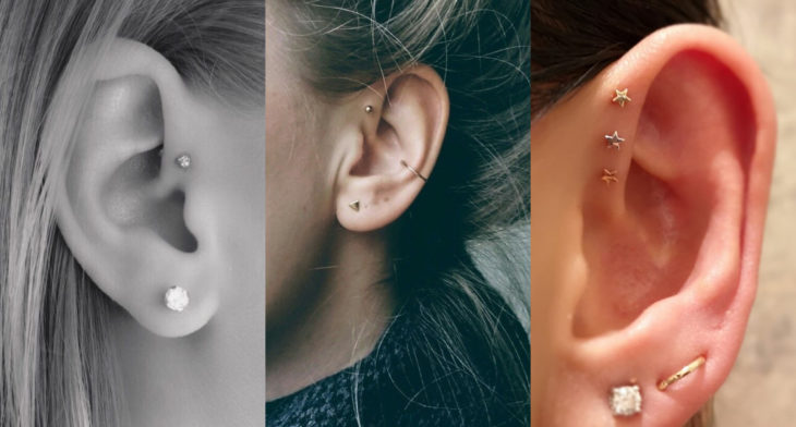 Piercings o perforaciones femeninas en la oreja; helix frontal o antihelix