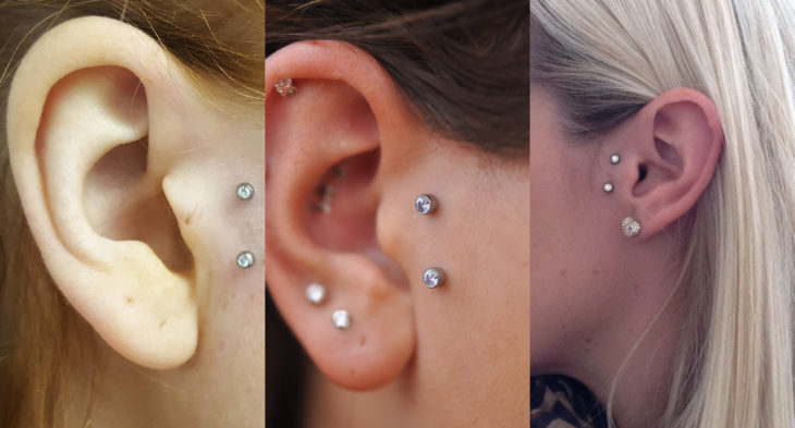 Piercings o perforaciones femeninas en la oreja; tragus vertical