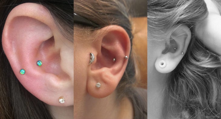 Piercings o perforaciones femeninas en la oreja; snug o ragnas