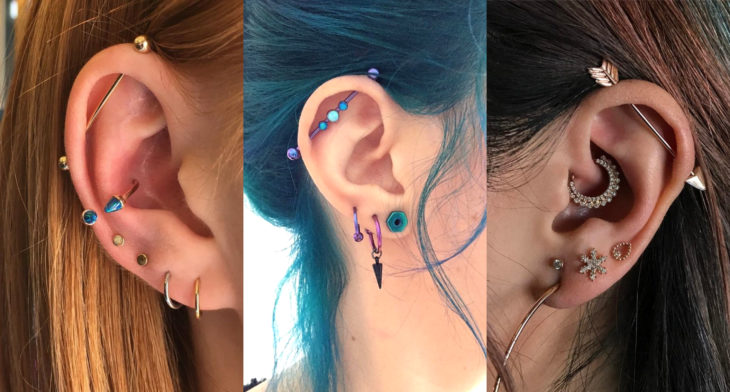 Piercings o perforaciones femeninas en la oreja; industrial