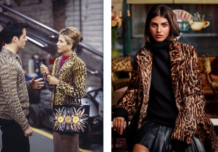 fotocomposición con la escena en que Rachel de Friends viste su saco de leopardo y el saco de la colección de Ralph Lauren