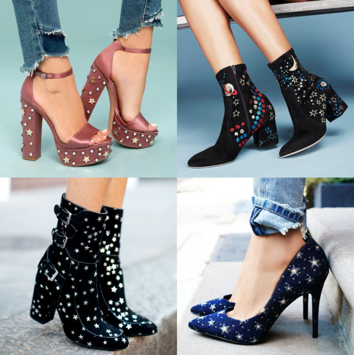 Ropa de constelaciones; zapatos de tacones con estrellas y espacio, rosas, negros y azules