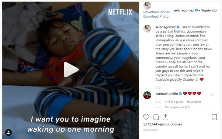 post de Selena Gomez en donde anuncia la serie 'Living Undocumented'