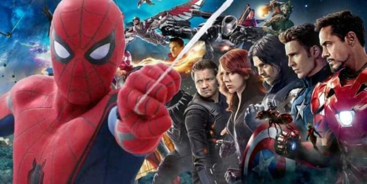 Spider-Man en primer plano con otros personajes de Marvel en segundo plano
