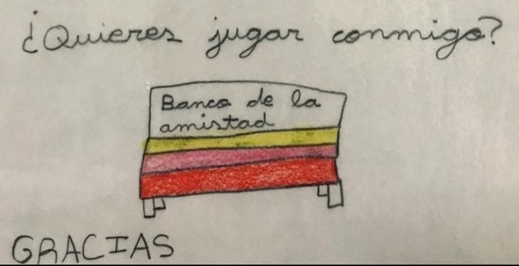 Dibujo del 'banco de la amistad' propuesto por una niña en una escuela de Burgos, España