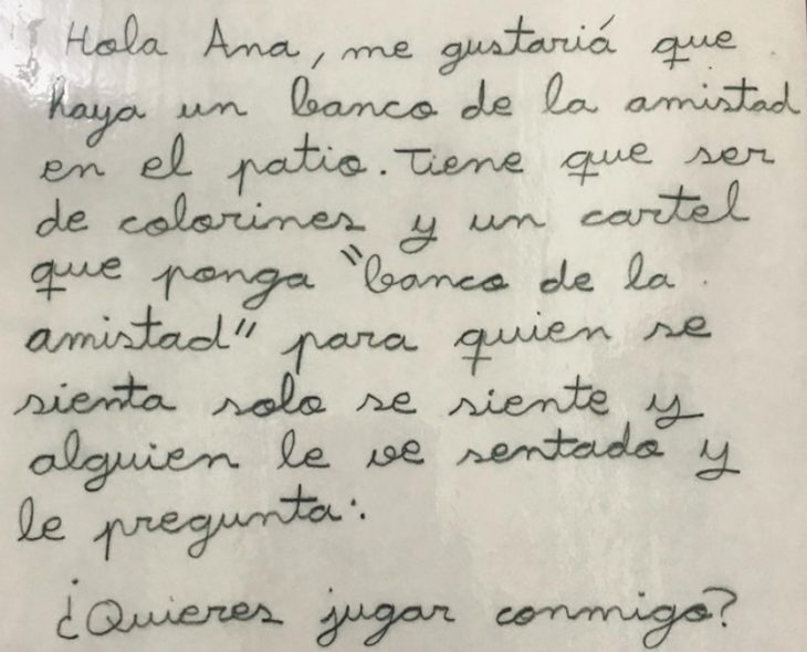 Fragmento de la carta de la niña que propuso en Burgos un 'Banco de la amistad'
