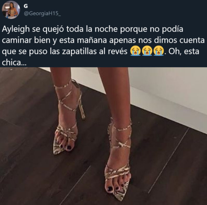 Ayleigh McGhee, usuaria de Instagram usa sus zapatillas al revés; chica rubia con vestido negro