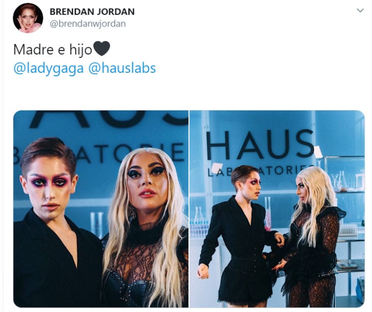 Brendan Jordan publicando en twitter una foto junto a Lady Gaga 