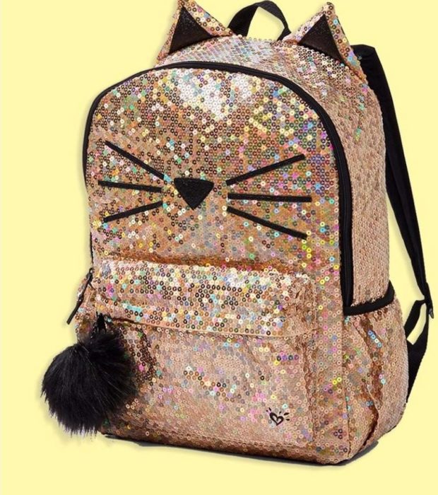 mochila de lentejuelas con cara de gatito