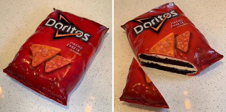 Pastel hiperrealista en forma de bolsa de papas doritos 