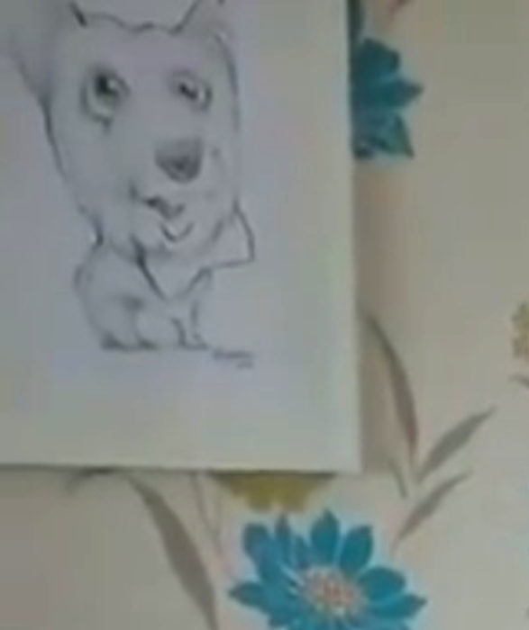 Abuelito se reencuentra con su perro después de salir del hospital; dibujo de mascota