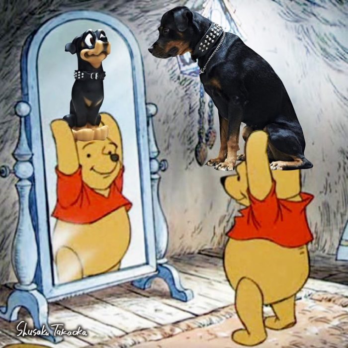 Winnie The Poo cargando a un perrito sobre sus hombros