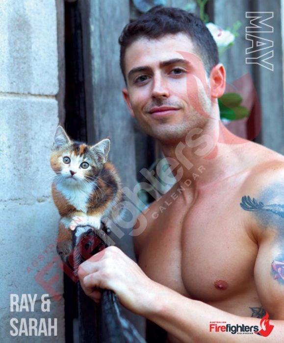 Calendario de bomberos australianos con animales; hombre con tatuajes y un gato bebé carey de ojos verdes 