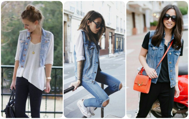 Chicas llevando chalecos de mezclilla en outfit casual