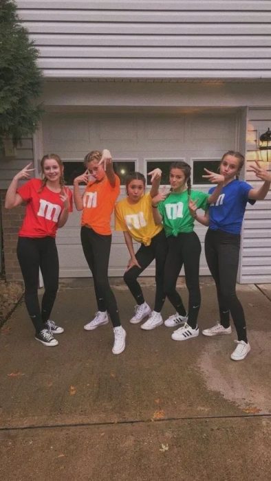 Grupo de amigas disfrazadas como M&M's