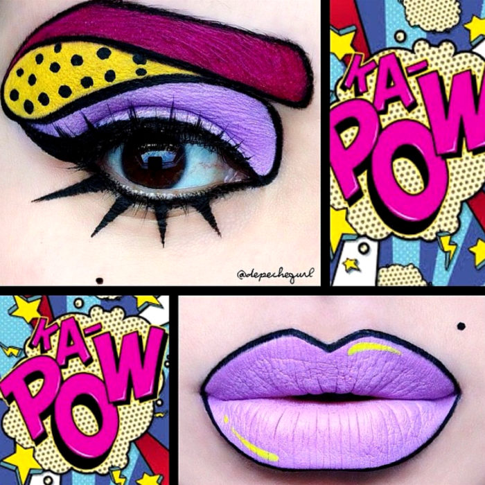 Disfraz de Halloween de comic pop art; mujer con labios pintados de morado y ojos de historieta 