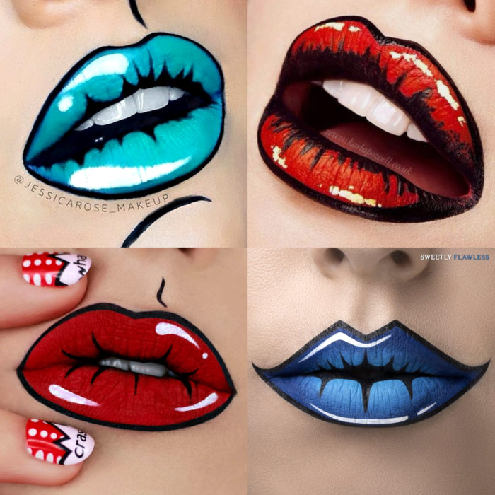 Disfraz de Halloween de comic pop art; labios pintados estilo historieta de color azul, rojo y aqua