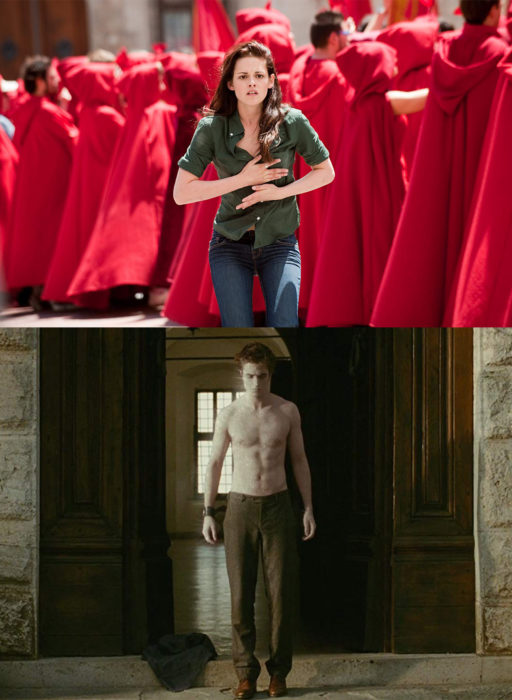 Bella corriendo para salvar a Edward cullen mientras él muestra su torso 