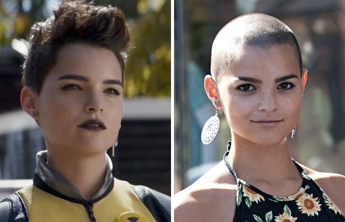 Brianna Hildebrand antes y después de raparse el cabello en Deadpool 