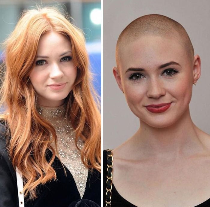 Karen Gillan antes y después de afeitarse la cabeza 